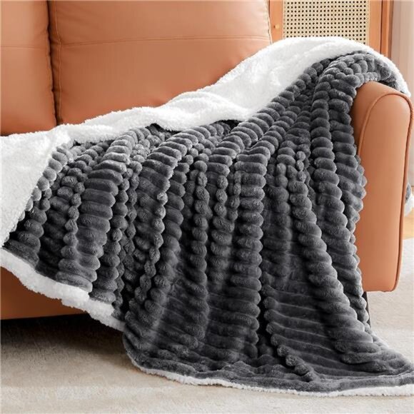 Sherpa Throw Blanket Grey Fleece Plush Cozy Soft Warm Striped Couch Blanket - Picture 2 of 7